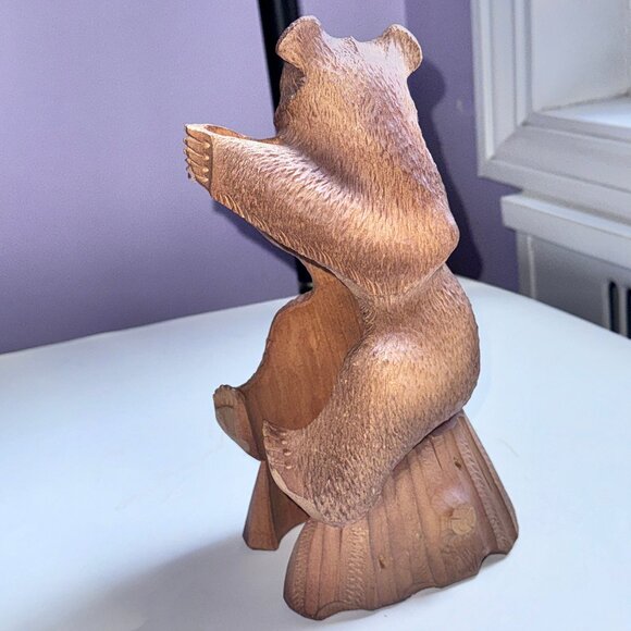 Vintage Wooden Bear Statue Hand Carved Standing Sculpture 11" tall Bottle Holder - Picture 7 of 7